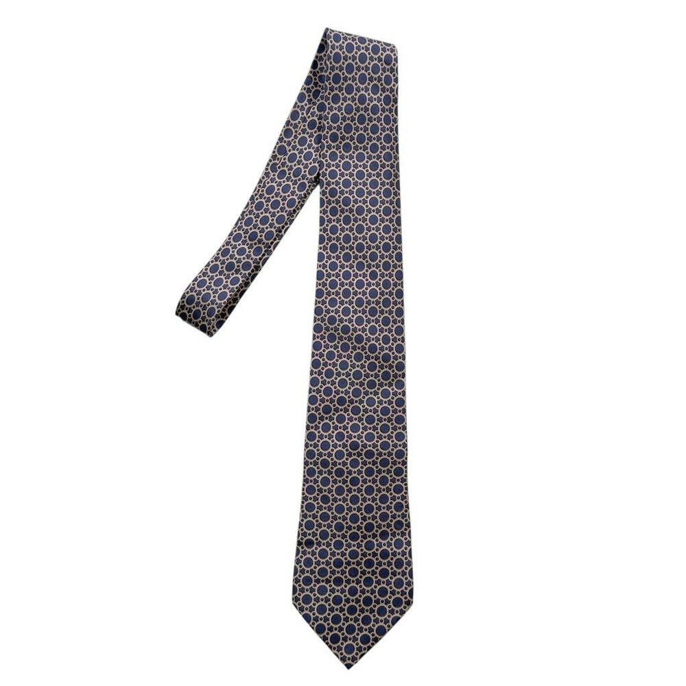 Hermes Paris Tie 7774 FA Blue Beige Circle Geometric Print 100% Silk France - Picture 4 of 6